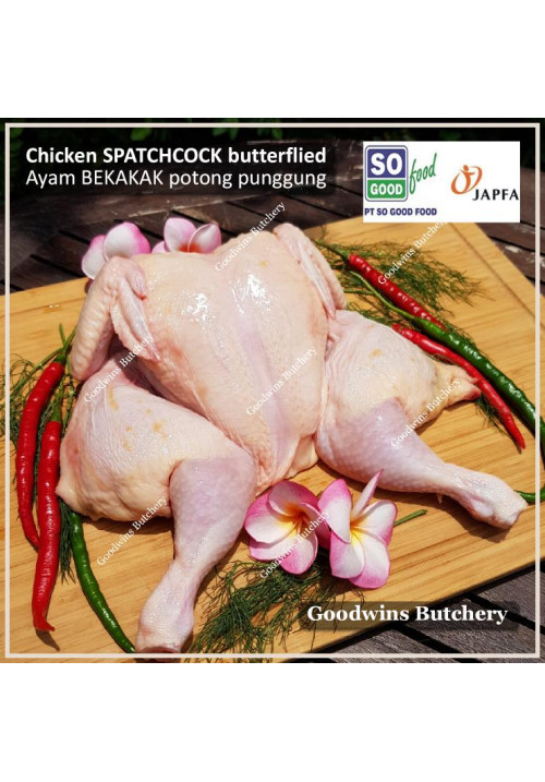 Chicken WHOLE SPATCHCOCK BUTTERFLIED ayam broiler utuh potong punggung bekakak frozen SoGood Food size LARGE +/- 1.6kg (price/kg)